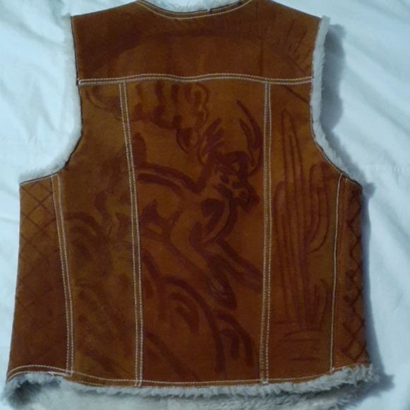 Vintage Western Suede Shearling‎ Vest Deer Cactus - Picture 3 of 8